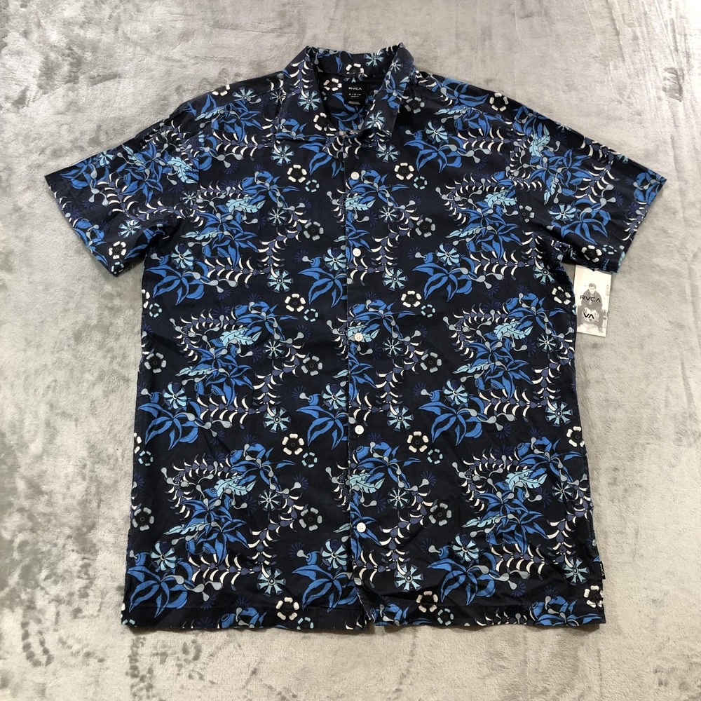RVCA Tropical Notes Shirt Mens XL Blue Hawaiian Short Sleeve Slim Fit Button Up